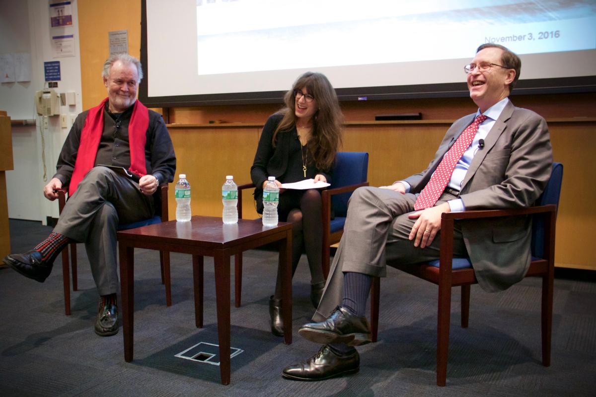 Professor Ray Horton (left), Kim Gittleson ’17 (center), and Dean Glenn Hubbard engaged in a discussion about populism on Thursday, November 3, as part of Columbia Business School’s Community Conversations series.