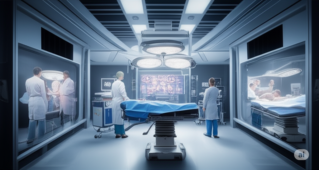 In a sterile operating room, a surgical team is focused on a patient on the operating table. A large, interactive screen displays real-time surgical data, anatomical overlays, and AI-assisted guidance. The surgeons and medical staff are working together, utilizing advanced technology during the procedure.