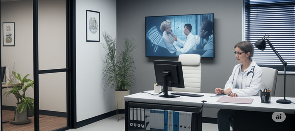 A doctor and a patient are in a modern medical practitioner's office. The doctor is looking at a large, transparent screen displaying the patient's medical history, diagnostic images, and AI-generated insights. The setting suggests a personalized and technologically advanced approach to patient consultation and care.