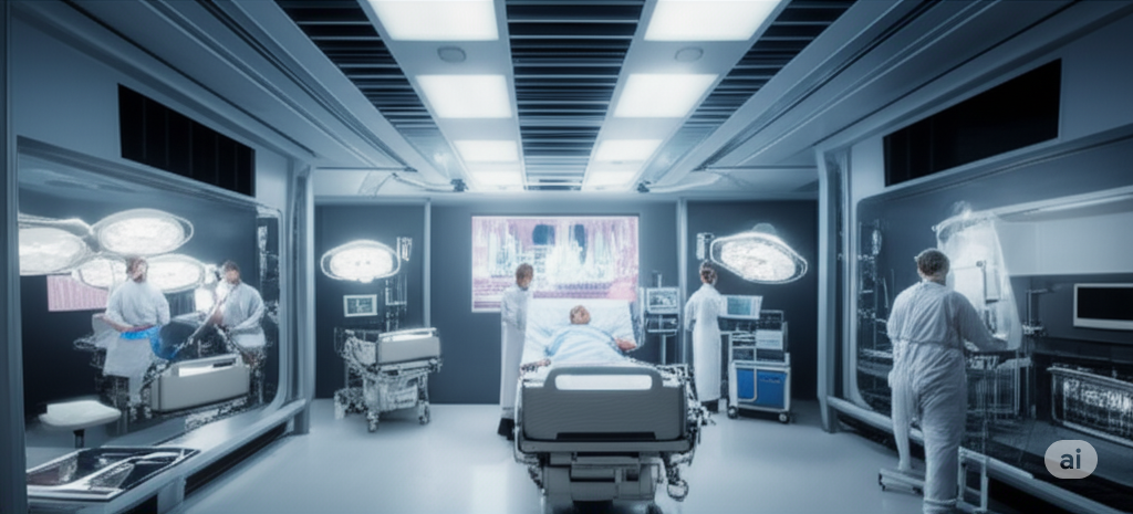A diverse medical team, including doctors and nurses, is gathered around a patient's bed in a modern emergency room. A large, transparent holographic display shows intricate 3D anatomical models, vital signs, and AI-driven data. The team interacts with the display and tablets, collaborating to diagnose and treat the patient.