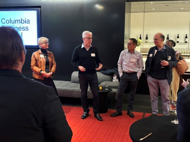 Prof. Knee and Prof. Sarvary with Jim Burtson '94, President, CAA, at the West Coast alumni reception at CAA headquarters.