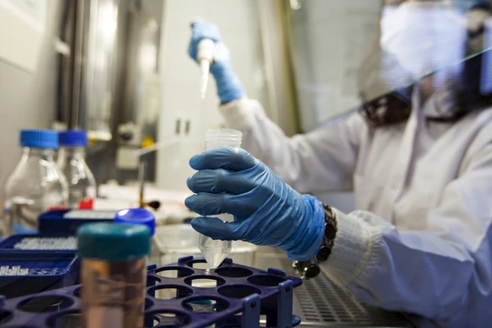 Lab workers transfer liquid into a test tube