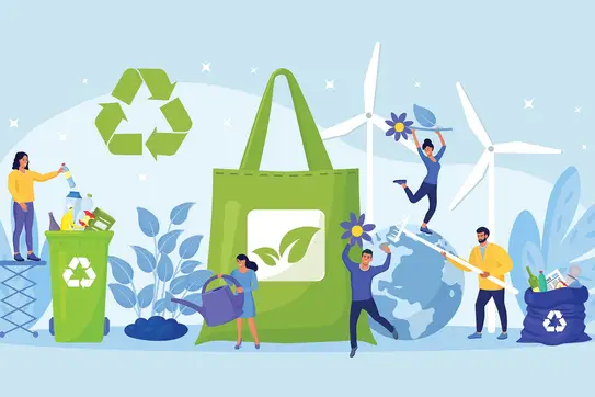 People using eco bag, sorting plastic waste for recycling. Eco friendly shopping. Zero waste. Using reusable bags to save earth environment and less resource pollution. Sustainable choice clean nature