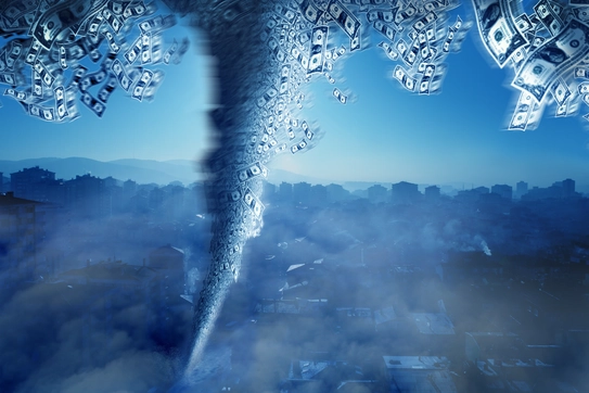 an image of tornado with dollar bills