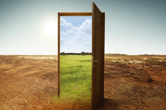 Open door to a meadow against a desert 