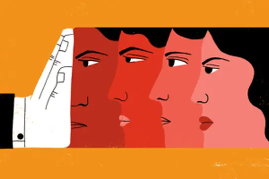 white hand holding back diverse faces