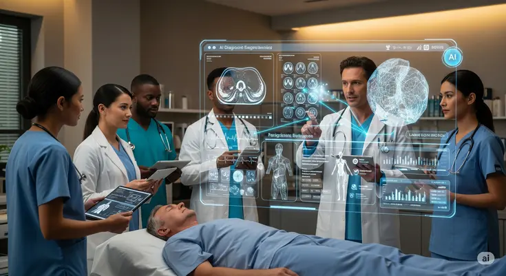 This image shows an AI system assisting a medical team in a modern hospital or medical office setting. A diverse group of medical professionals, including doctors and nurses, are gathered around a patient on an examination table. A large, transparent holographic display hovers in the air, showcasing complex 3D medical images like MRI scans, CT scans, and detailed anatomical models of the patient's body. The AI system's interface is sleek and futuristic, displaying real-time data, vital signs, and diagnostic