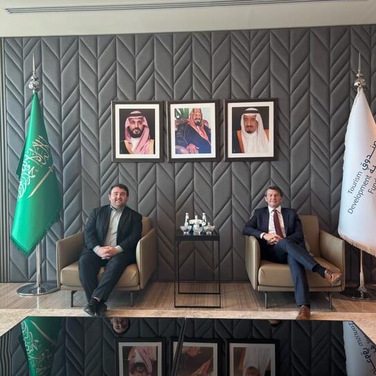 Andrew Dickerman '25 and Professor Brian Lancaster at the Tourism Development Fund during the 2025 Chazen Study Tour to the UAE and Saudi Arabia