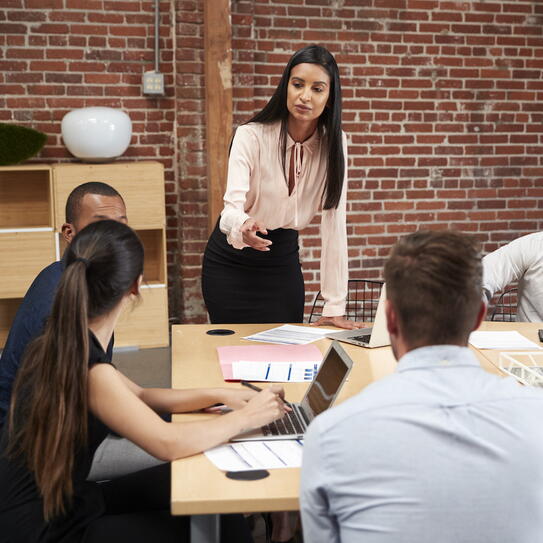 A group of people sitting around a table a meeting, one woman is standing and talking.